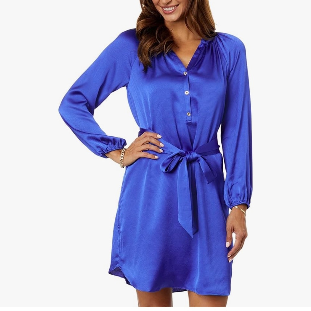 Lilly Pulitzer Saige Long Sleeve Satin Dress in Alba Blue V-Neck Size L NWT